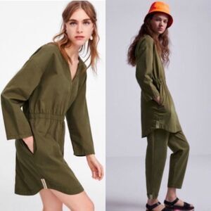 Zara Elastic Waist Khaki Green V-neck Tunic Dress size S